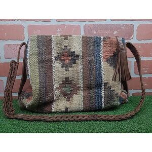 Kilim Style Wool Blend‎ Handbag Leather Braided Handle Purse Boho Southwest Bag